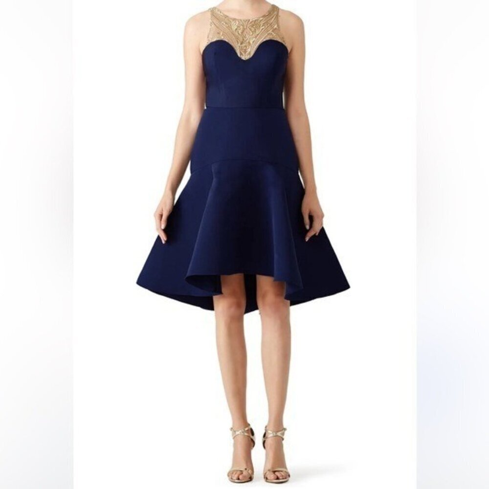 MARCHESA NOTTE Navy Golden Arch Silk Blend Dress Size 4